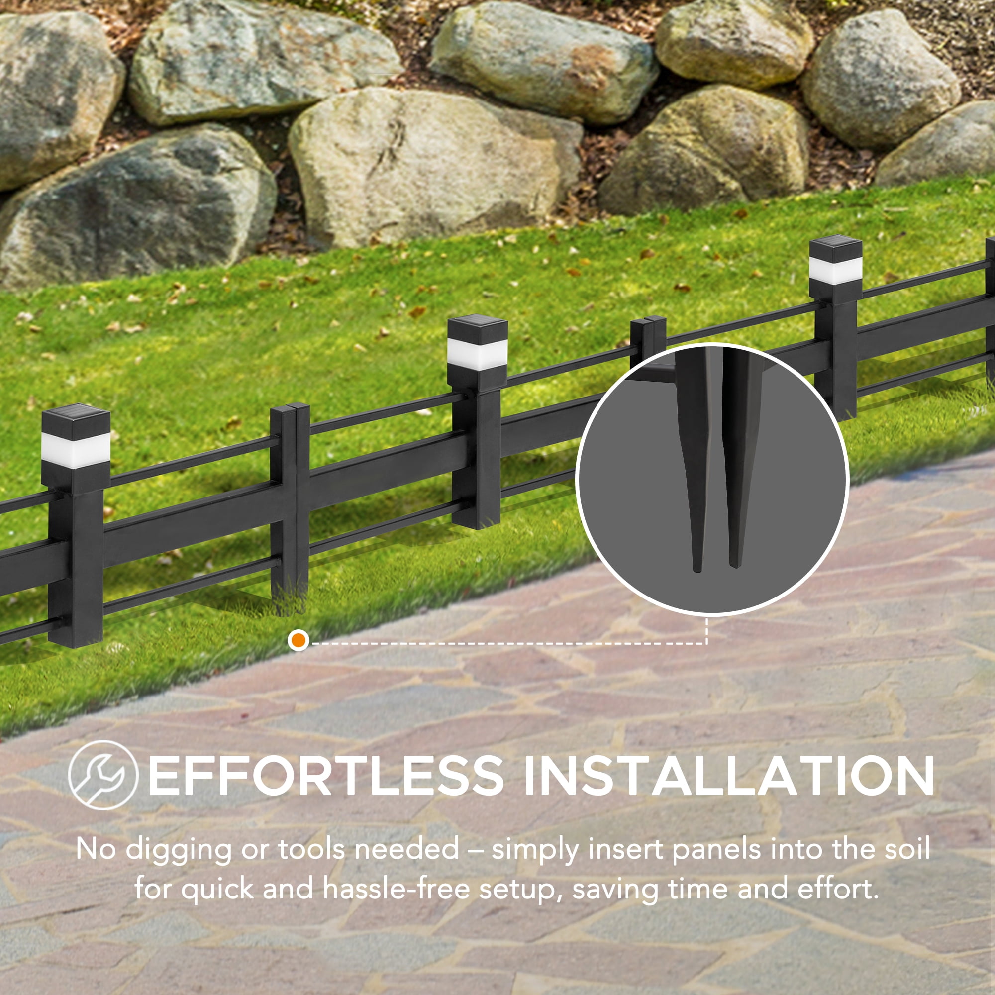 SUNJOY Garden Fence Solar Border Fencing with Waterproof LED Path Lights, Metal Strip Pattern Fence Panel Outdoor Decorative Garden Fences(5PK), Black