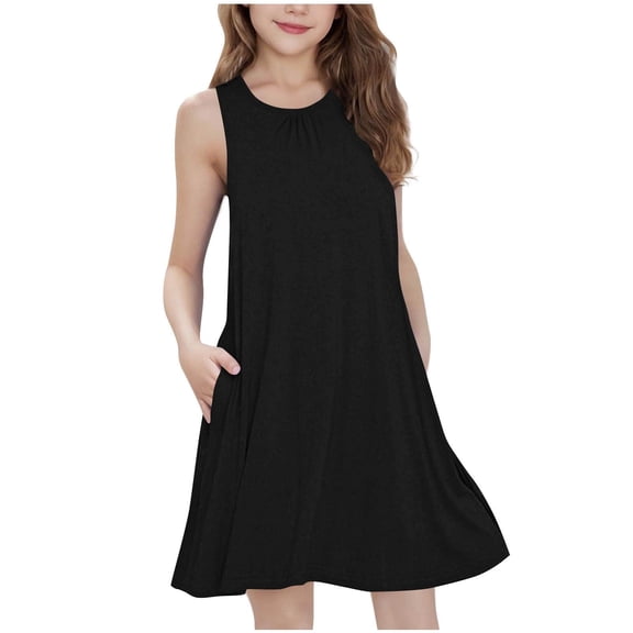 Lullu Summer Girl's Sleeveless Dress Casual Sundress Solid Play Tank Dress, Sizes 6-14