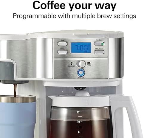 2-Way Programmable Coffee Maker, 12 Cup Glass Carafe And Single Serve Coffee Maker, White with Stainless Steel Accents, 49933