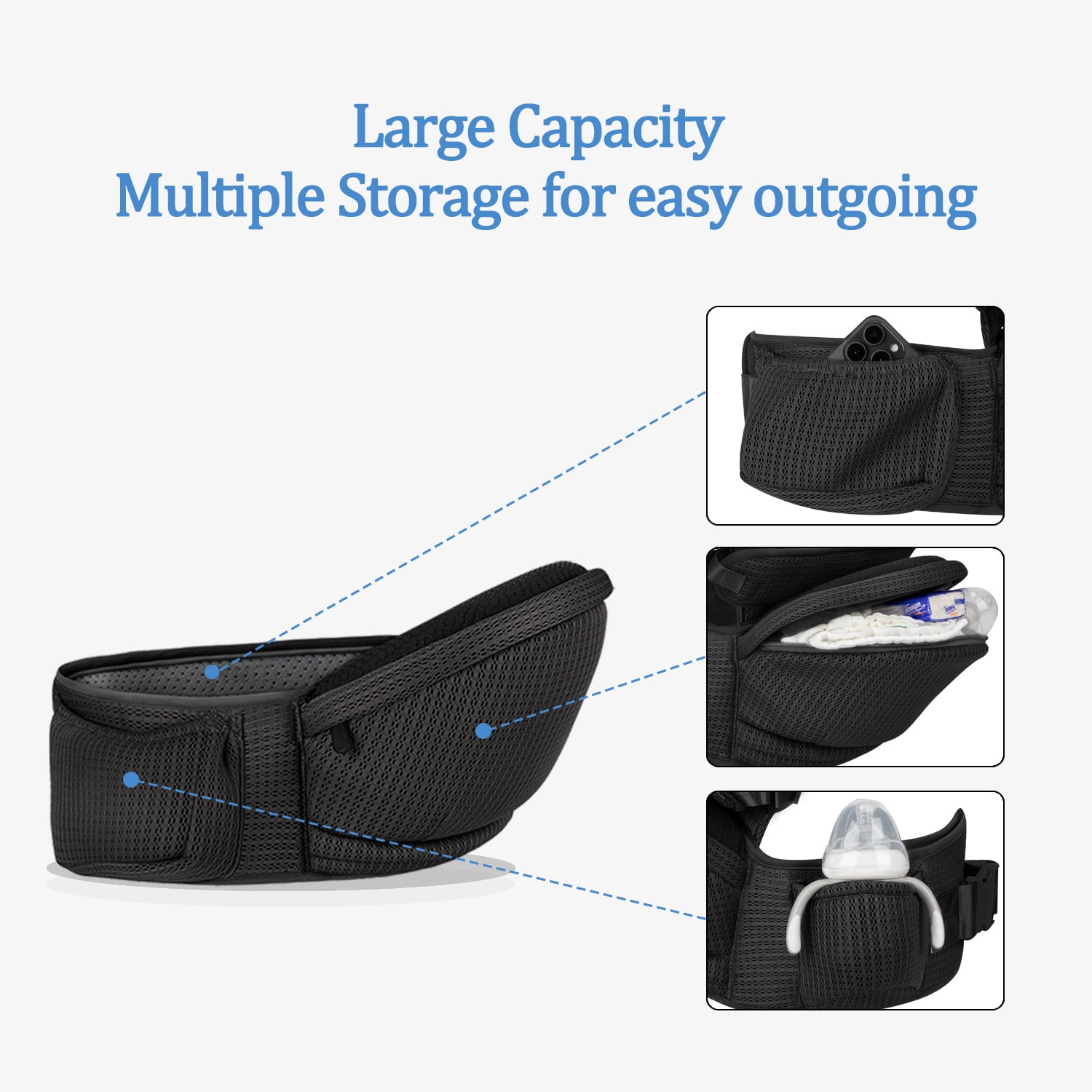 Baby Hip Carrier - Hip Carrier for Baby with Baby Safety Strap - Toddler Carrier 7-45 lbs - Ergonomic Infant Holder Baby Carrier with Hip Seat Large Capacity Pockets