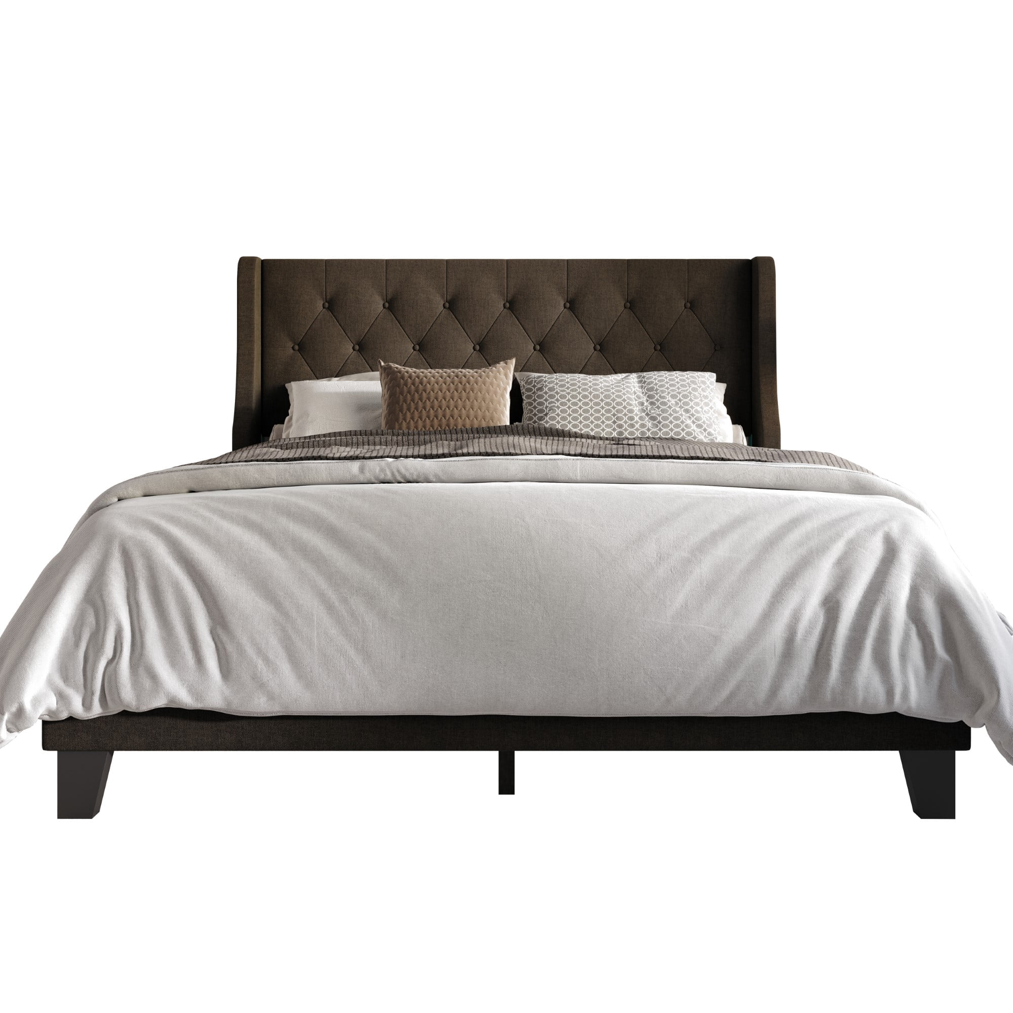 Home Design Medford Full Tufted Upholstered Panel Bed with Wingback Headboard and Button Tufting, Dark Brown, Easy Assembly