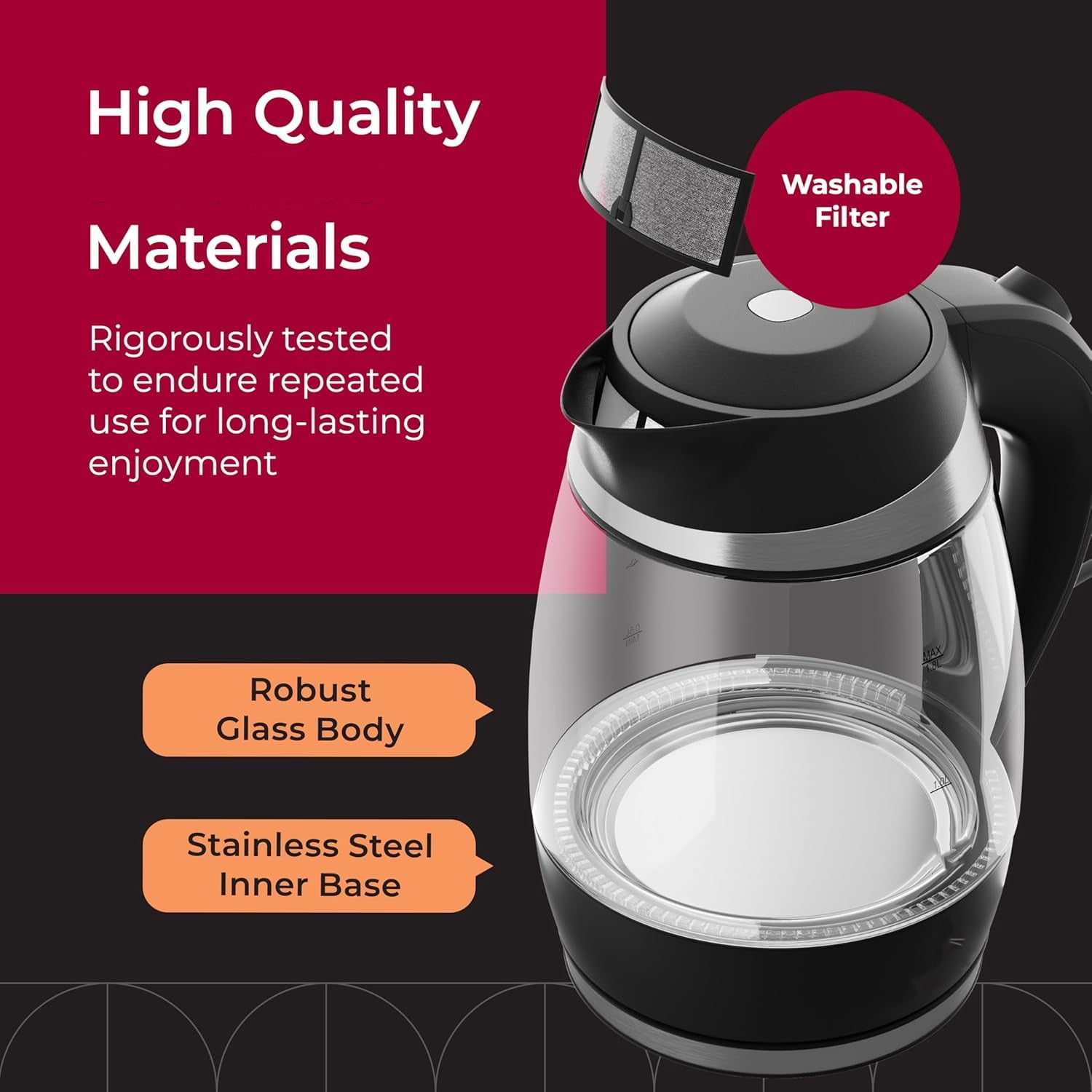 Electric Tea Kettle for Boiling Water, 1500W SpeedBoil with Automatic Shutoff, 1.8L Cordless with LED Light, Borosilicate Glass Tea Kettle Pot Water Heater
