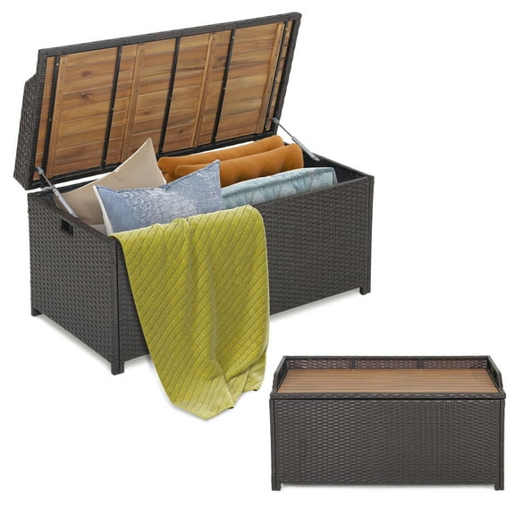 Gymax Patio Wicker Bench Deck Box w/ Acacia Wooden Seat Storage Bench Poolside Garden