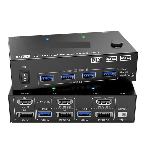 Dual Monitor KVM Switch 2 Port, 8K@60Hz 4K@144Hz +DP USB 3.0 Switch Extended Display 2 Monitors 2 Computers ,enhances work efficiency