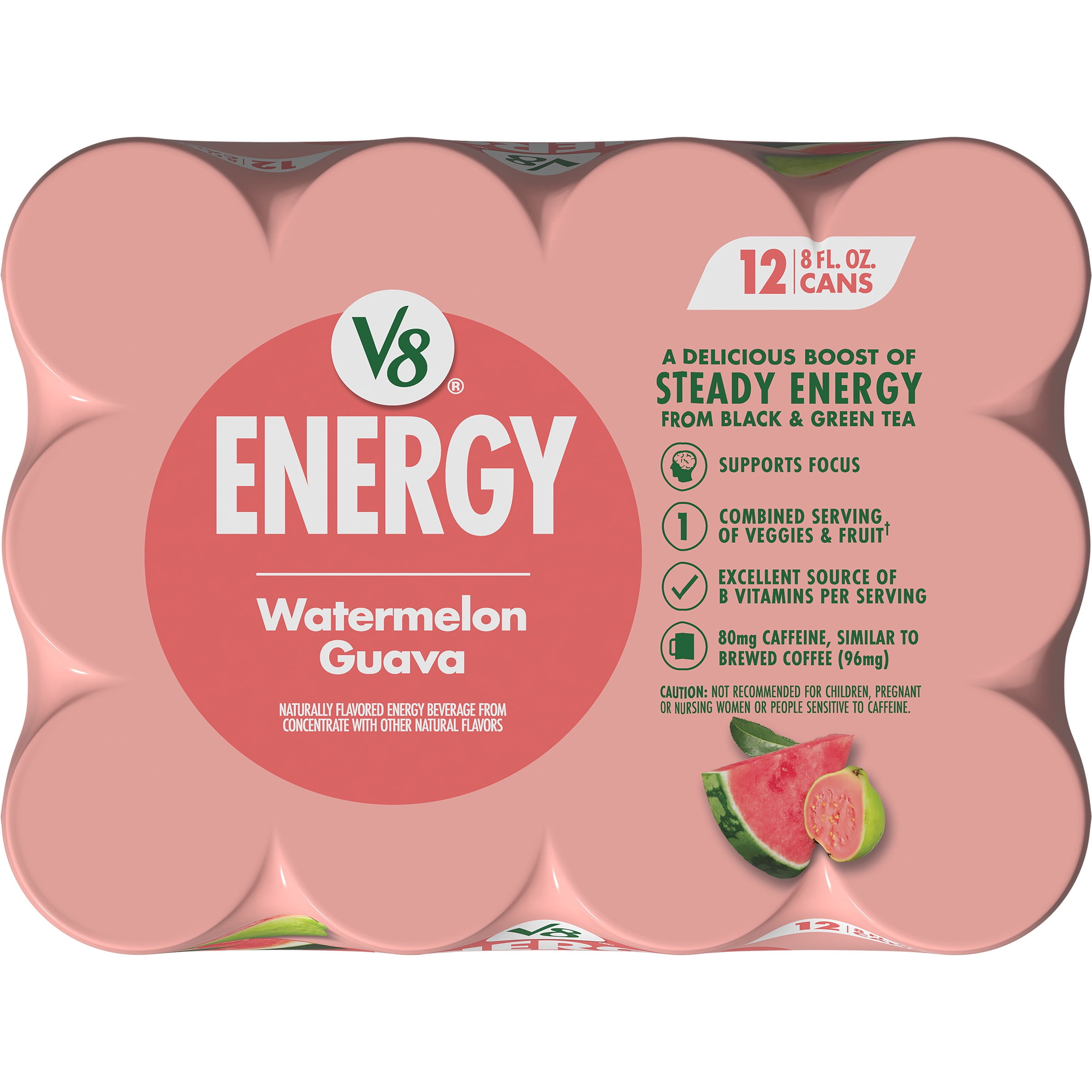 V8 Energy Watermelon Guava Energy Drink, 8 fl oz Can (12 Pack)