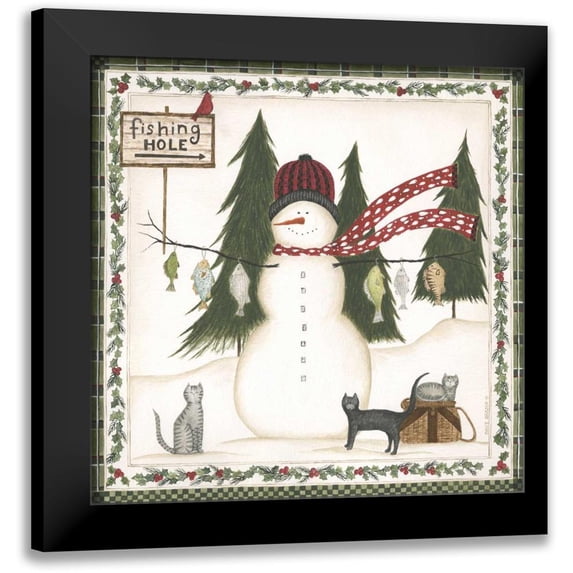 Shamp, Cindy 12x12 Black Modern Framed Museum Art Print Titled - Fishing Hole Snowman