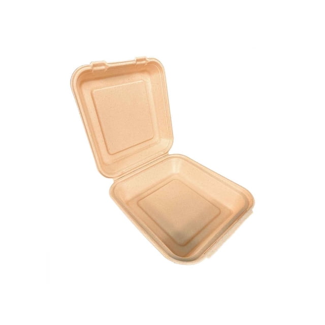 8.5''x8''x2.75'' Sugarcane Fibre Natural Kraft Clamshell (100% Compostable & Recyclable) 200 units/Pack