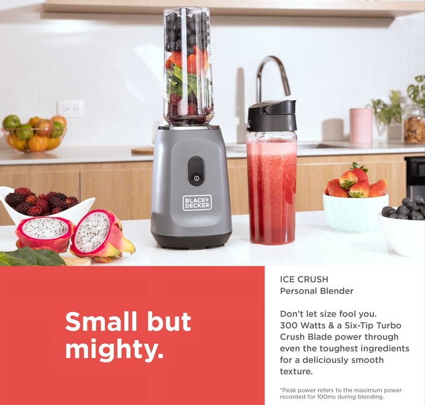 Open Box Black & Decker Single Serve Blender, two 20 Oz Dishwasher Safe Tritan Plastic Travel Jars, Spill-Resistant Travel Lids, 300 W, On/Off & Pulse Control Button, Stainless Steel Blade, White PB2209BDW