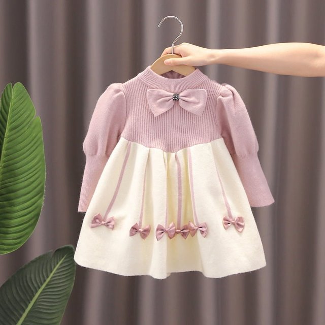 Vestido de suéter de una pieza para niñas de otoño e invierno, vestido de princesa de punto, mangas abullonadas de estilo coreano para niñas