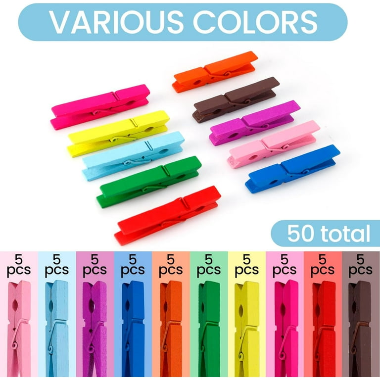 50 Pcs Multicolor Wooden Clothespins - 2.9" Clips For Hanging Photos, Crafts, Laundry & Decor