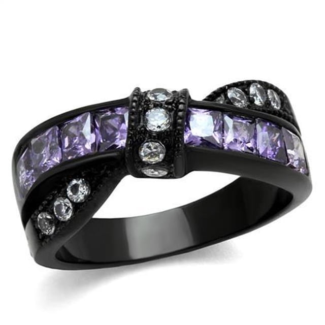 Alamode TK2140-8 Bague en Acier Inoxydable Noire IP pour Femmes avec Grade AAA CZ en Améthyste - Taille 8