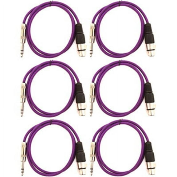 Seismic Audio SATRXL-F3, 6 Pack of Purple 3' XLR Female to TRS Patch Cables