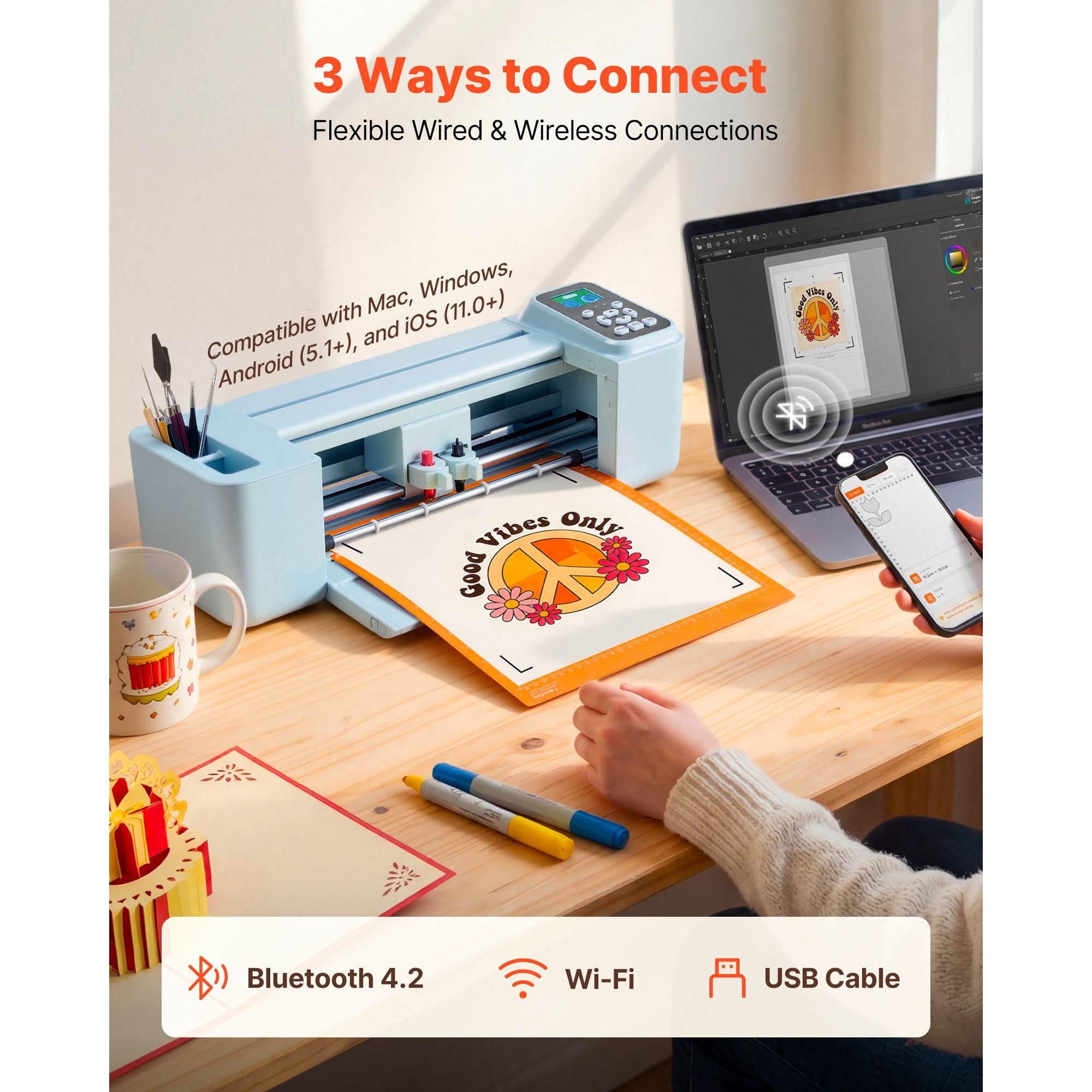 KFFKFF 12-inch Vinyl Cutting Machine with Button and Screen Controls, Over 5000 Preloaded Design Options, Works with Mac, Windows, Android, and iOS, Ideal for Crafting Personalized Cards and Projects