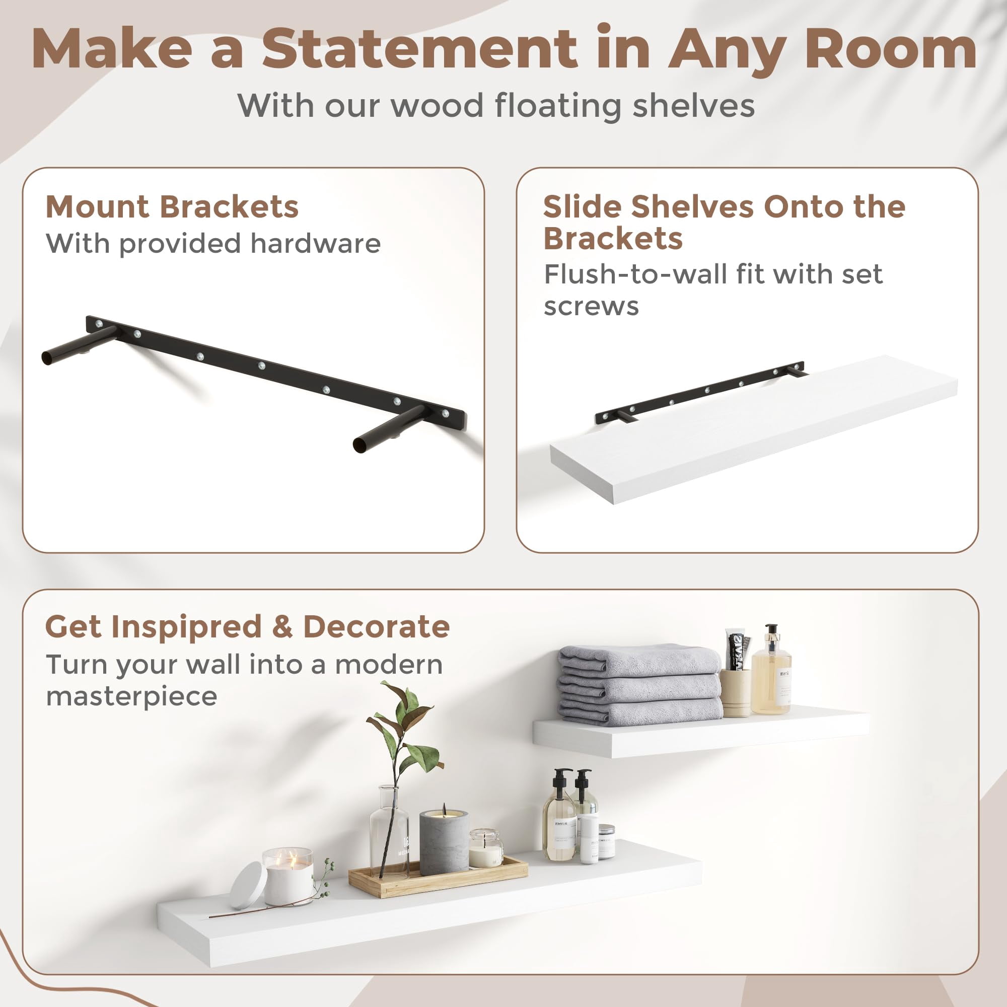 36 Inch Floating Shelves For Wall With Invisible Brackets Set Of 2  8"d Engineered Wood Grain Living Room Bedroom Bathroom Kitchen Decor And Storage White Finish