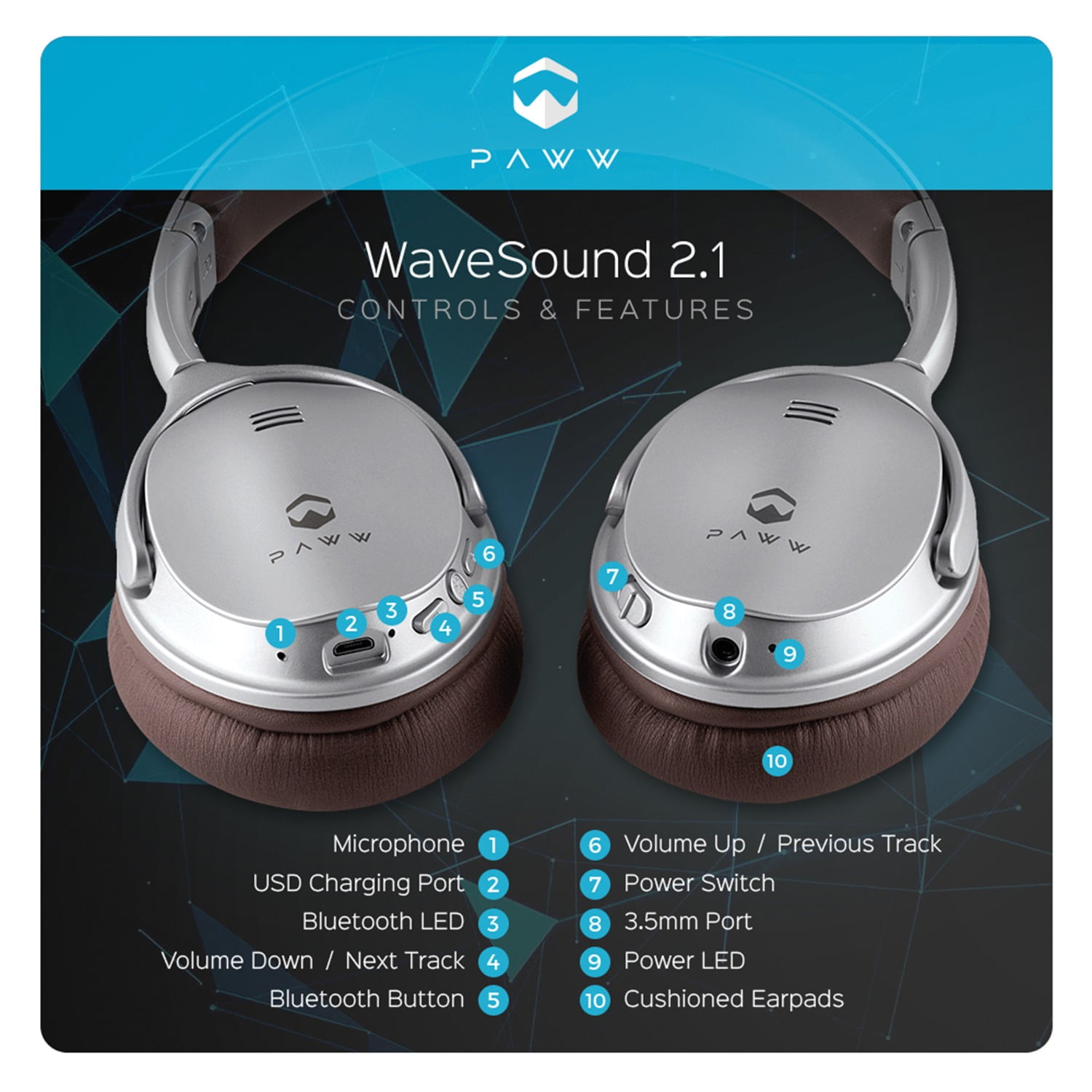 PAWW PW 2017WS21 S WaveSound 2.1 Bluetooth Over Ear Headphones with Microphone Silver