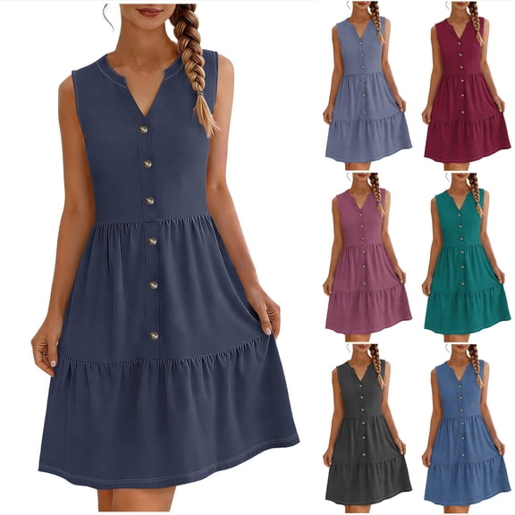 Danhjin Women's Summer Dresses Sleeveless Sundress Elastic Waist Ruffle Casual Loose V Neck Tank Dresses