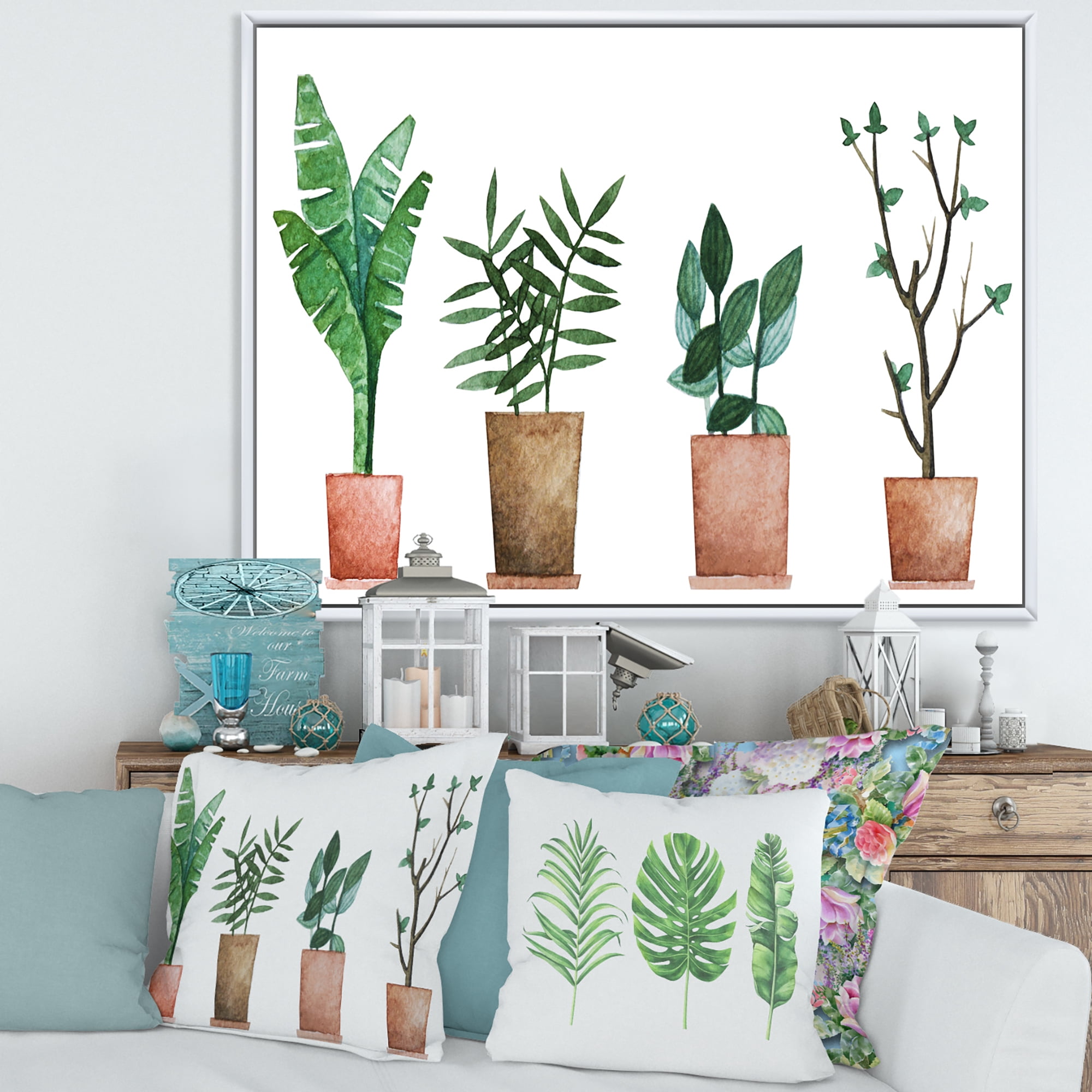 Designart 'Duo of Potted Flowers House Plants In Claypots' Farmhouse Framed Canvas Wall Art Print