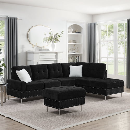 Howcool L Shaped Sectional Sofa, 4 Seater Couch with Chaise Lounge, Storage Ottoman, Cup Holders and Pillows, Modern Linen Fabric Couch for Living Room(Black)