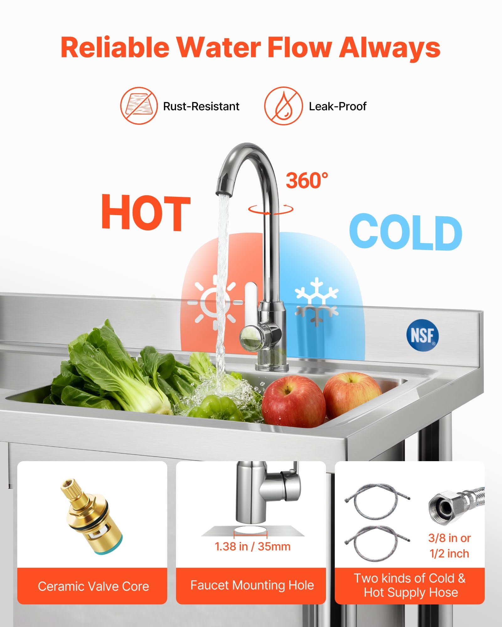 VEVOR Stainless Steel Utility Sink,Rolling Single Bowl Commercial Kitchen Sink with Wheels,Faucet and Hot & Cold Water Pipe,Utility Basin Workbench for Garage Restaurant Laundry 39.4 x 19.7 x 41.5 in