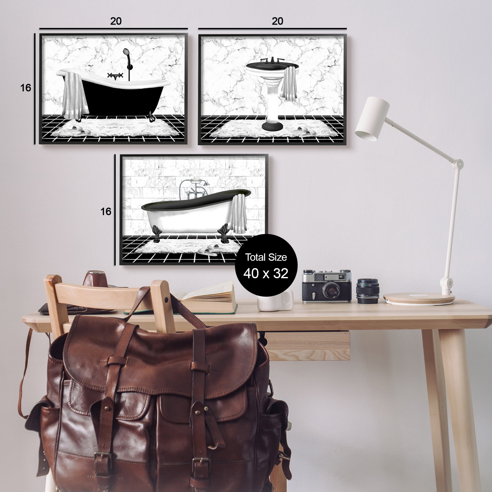 Stupell Industries Modern Marble Bathroom Typography Painting Black Framed Art Print Wall Art, 20 x 16, Set of 3