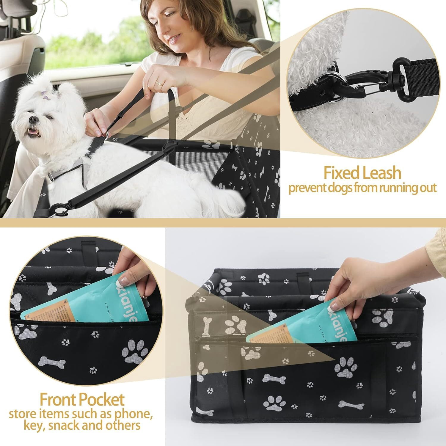 Asunby Foldable Dog Car Seat, Waterproof Dog Car Booster Seats Portable Pet Booster Travel Safety Protector for S/m Dogs, Puppies, Bones & Footprints Black