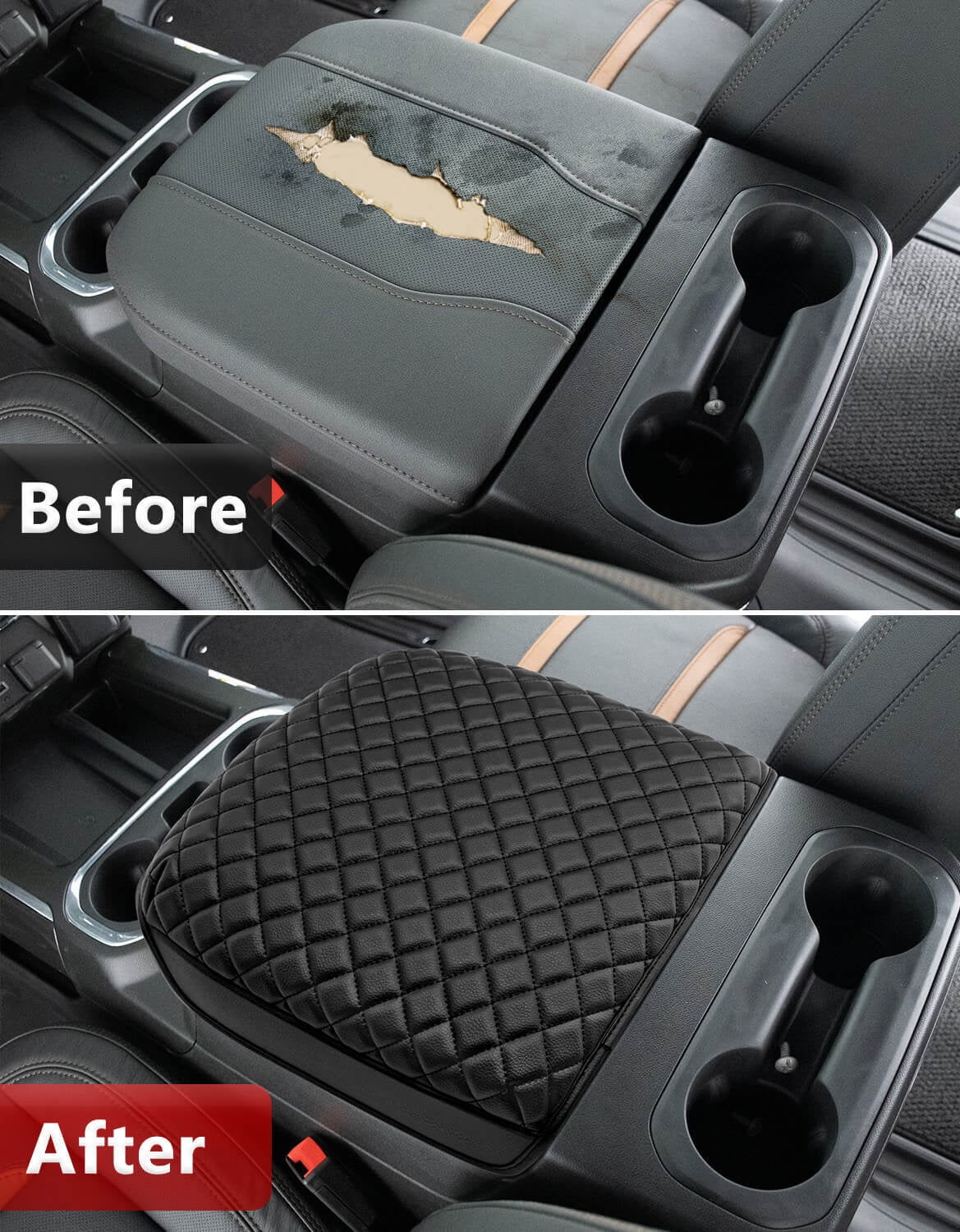 KBH Center Arm Rest Cover for Chevy Silverado GMC Sierra 2019-2026, Tahoe Suburban Yukon 2021-2026, Black Leather Middle Console Lid Armrest Cushion Pad, Bucket Seat Only