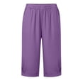 thumbnail image 4 of Womens Lightweight Breathable Knee Length Shorts Casual Vacation Elastic Waist Pleated Pocket Trousers Spring Summer Basic Capris Purple XL, 4 of 6