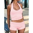 thumbnail image 4 of 2 Piece Outfits for Women Matching Lounge Sets Halter Neck Bow-Knot Top and High Waisted Shorts Pink & White  L, 4 of 6
