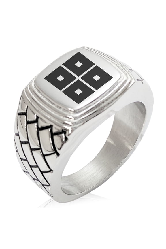 Stainless Steel Kyogoku Samurai Crest Geometric Pattern Step-Down Biker Style Polished Ring