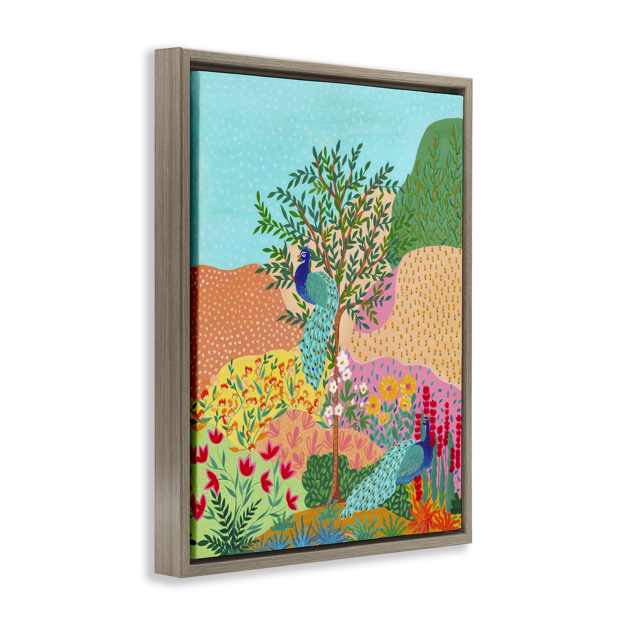 Stupell Industries Peacocks in Dotted Meadow Brown Framed Floater Canvas Wall Art, design by Nabeela Rumi