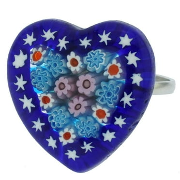GlassOfVenice Murano Glass Arlecchino Millefiori Heart Ring - Blue