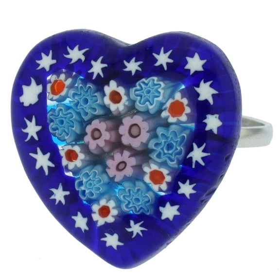 GlassOfVenice Murano Glass Arlecchino Millefiori Heart Ring - Blue