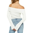thumbnail image 4 of Womens Off Shoulder Ribbed Knit Crop Sweaters Long Sleeve Slim Pullover Jumper Tops, 4 of 6
