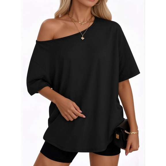 MOYIKO Womens Off The Shoulder Tops Oversized T-Shirts Short Sleeve Tees Summer Casual Fashion Clothes
