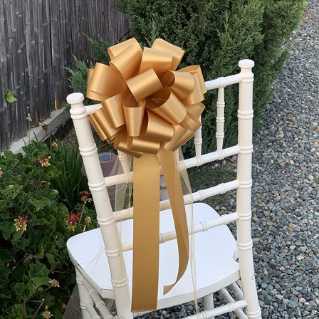Large Gold Wedding Pull Bows with Long Tulle Tails - 9" Wide, Set of 6, Wedding, Aisle Decor, Thanksgiving, Reception, Christmas, Anniversary