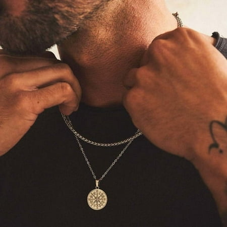 Compass Necklaces For Men, Layering Stacked Cuban Figaro Ch