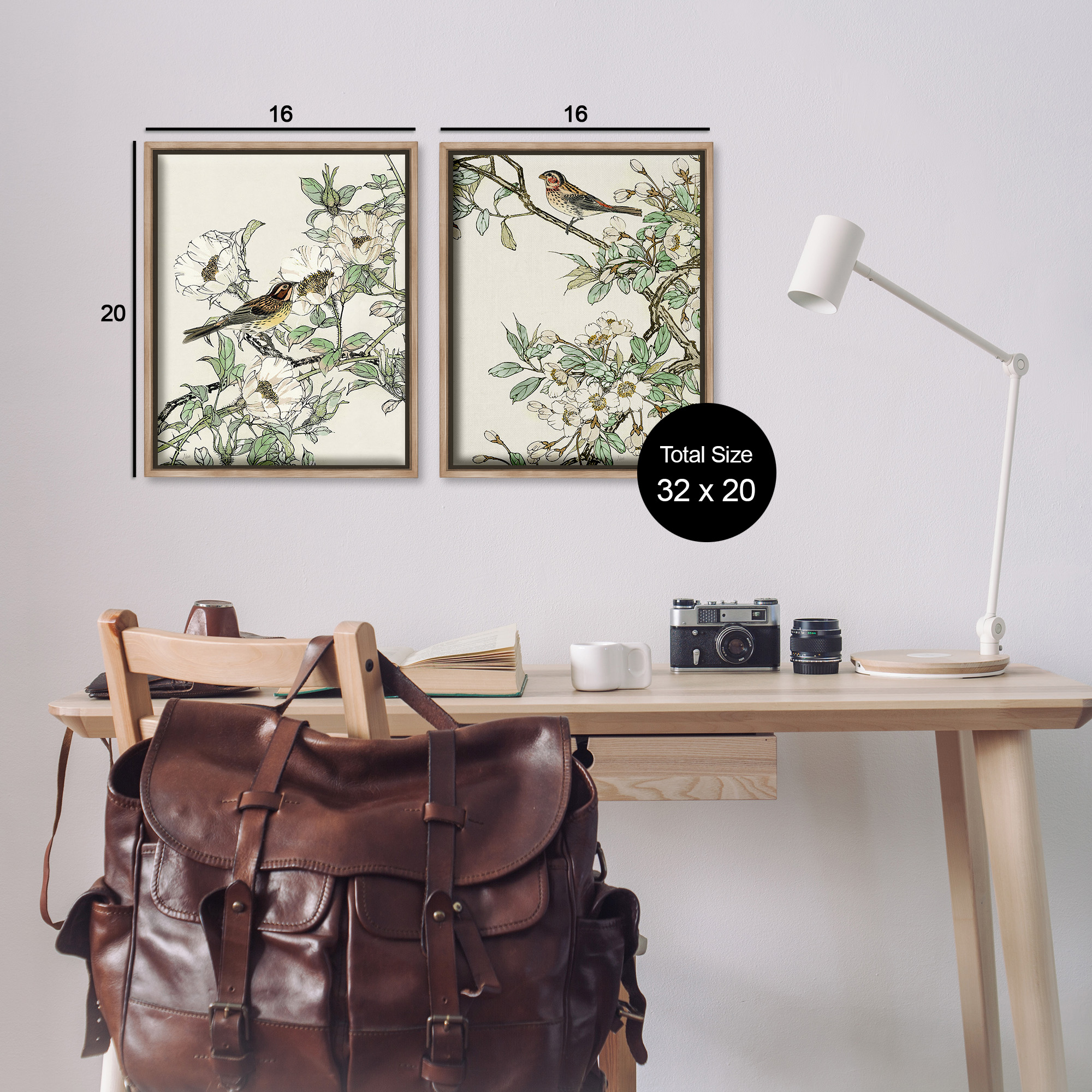 Stupell Industries Classic Sparrow on Blossoms Animals & Insects Painting Brown Floater Framed Canvas Art Print Wall Art, 17 x 21, Set of 2