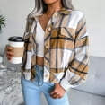 thumbnail image 4 of Defitshape Women's Long Sleeve Plaid Shirt Jacket Soft Flannel Fall Crop Top Vintage Fashion Casual Loose Short Button Down Shacket Khaki X-Large, 4 of 5