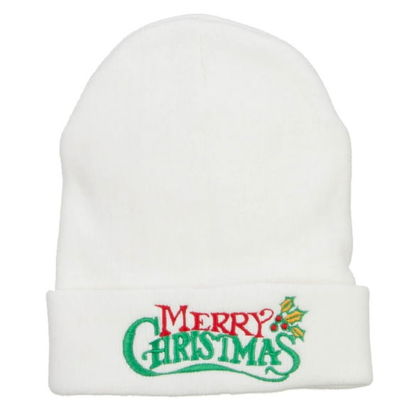 Merry Christmas Mistletoe Embroidered Long Beanie - White OSFM