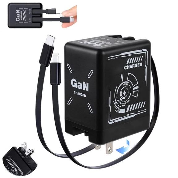 120W GaN Fast Charger, Built-in Retractable USB-C Cable & Folding Plug, PD PPS Compatible for iPhone 17 Pro Max, Galaxy S24 & Android Devices