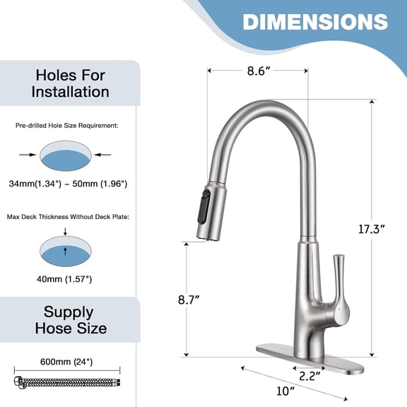 3-Way Kitchen Faucet with Pull Down Sprayer, Stainless Steel Brushed  for RO & Filtration Systems