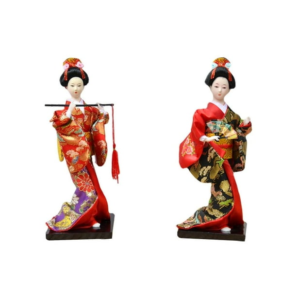 2 Uds 27cm Kimono Japonés Muñeca Geisha, Estatua de Chica Humanoide Escultura Hecha a Mano Estilo Nacional Resina Mesa Decoración de Oficina Flauta Roja Roja Gloria Muñeca Kimono Japonés