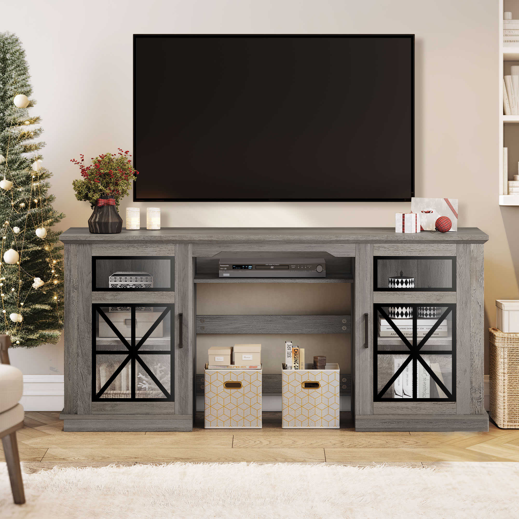 Dextrus Farmhouse TV Stand for TVs up to 65'' w/Glass Doors, Highboy Entertainment Center Cabinet, Gray