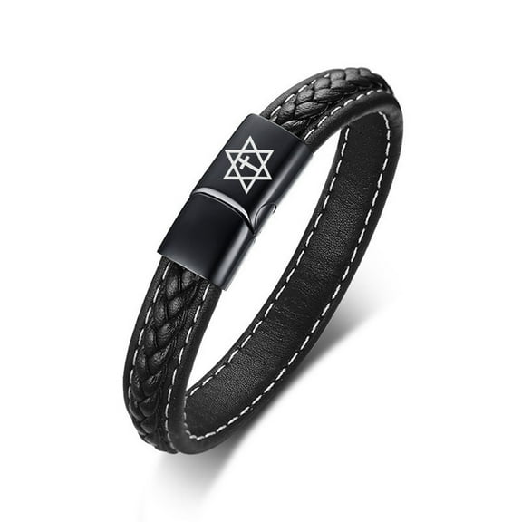 Jewish Messianic Symbol Leather Bracelet for Women and Men - Christianity Cross Star of David Amulet Cuff Bangle - Jew Judaism Faith Wristband Israel Jewelry for Protection, Black, 7.28''