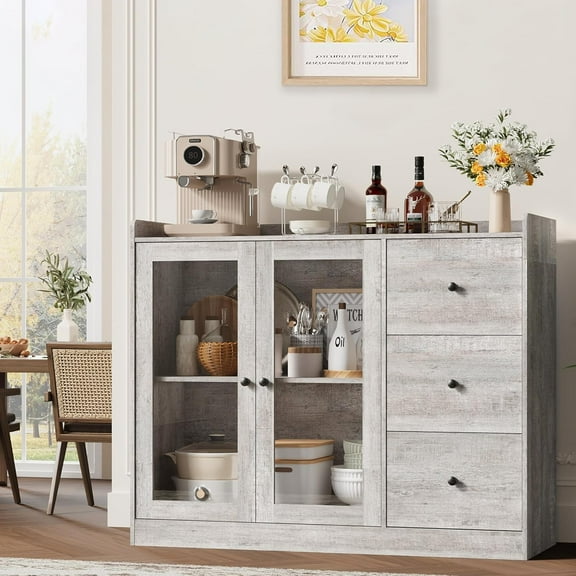 43" Sideboard Buffet Cabinet with Storage, Home Coffee Bar Cabinet with Glass Doors and 3 Drawers, Storage Cabinet with Adjustable Shelves for Kitchen, Dining Room