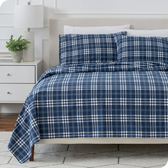 Bare Home Flannel Sheet Set - 100% Cotton - Deep Pocket - California King, Stirling Plaid - Blue/White, 4-Pieces