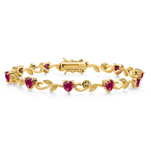 Gem Stone King 18K Yellow Gold Plated Silver Heart Shape Red Created Ruby and White Lab Grown Diamond Greek Vine Flower Tennis Bracelet for Women (6.04 Cttw, 7.5 inch)