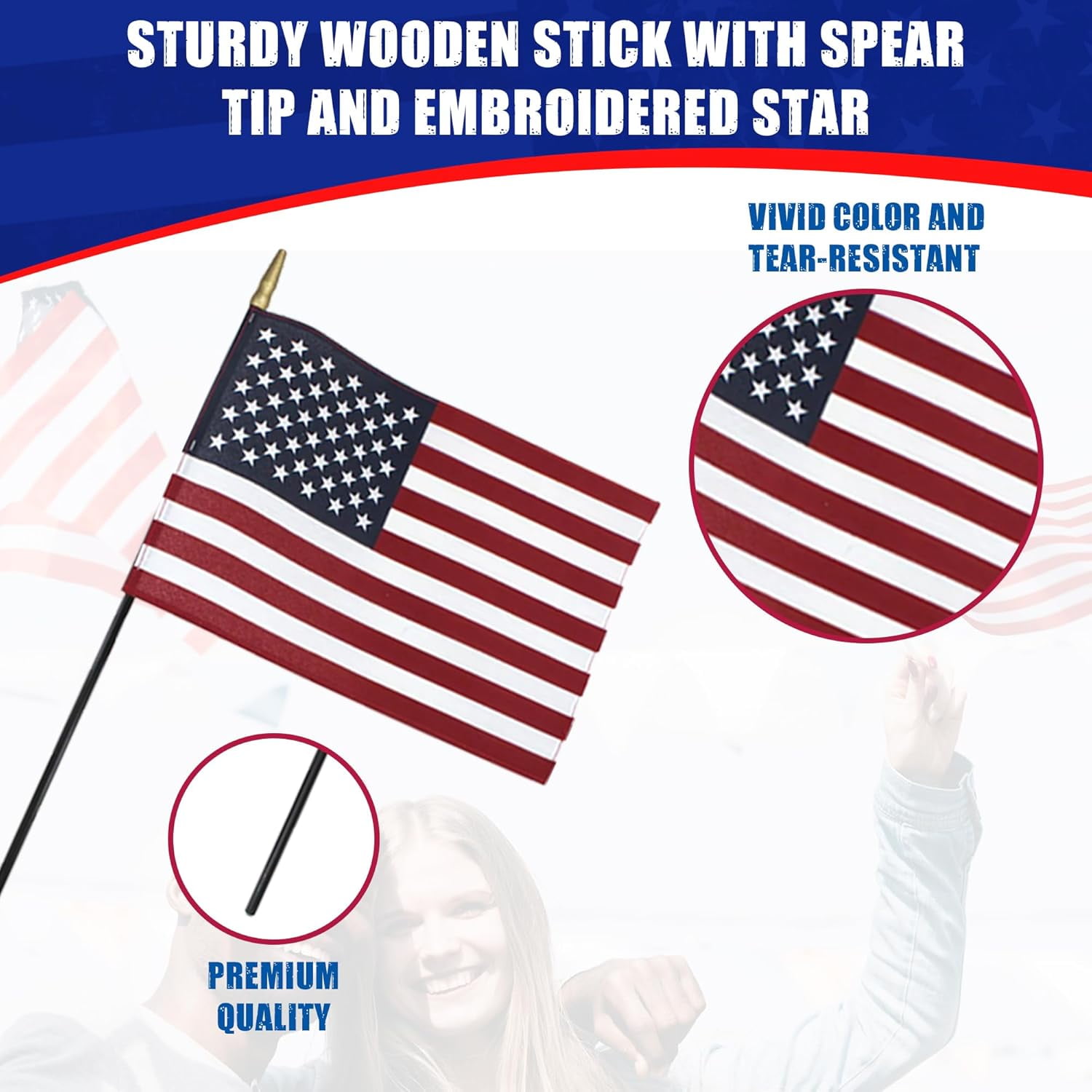 Super Tough Small American Stick Flags 8’’x12’’ | Cotton Outdoor Flag on Black Wooden Stick | Mini Flags Patriotic Decor for Various Holiday Parties and National Flag Day | 12 Pack