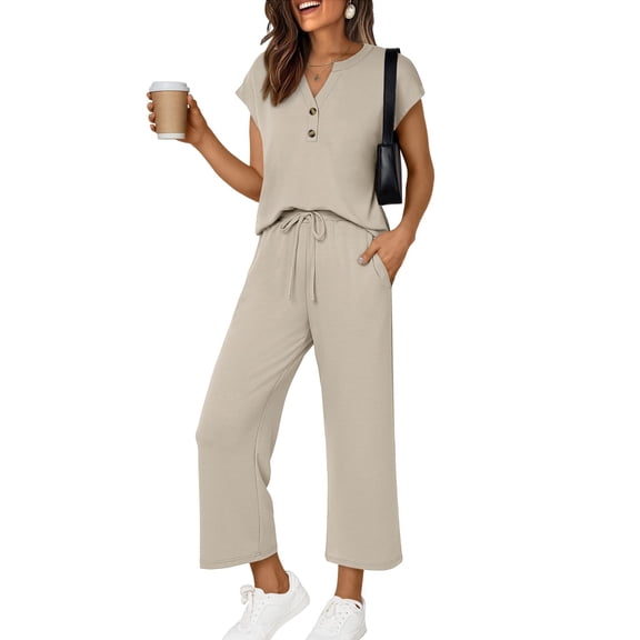 Hogleaql Two Piece Lounge Sets for Women Cap Sleeve V Neck Tops Wide Leg Crop Pants Casual Business Outfits Summer Matching Sets with Pockets Loose Fit Tracksuit Beige M