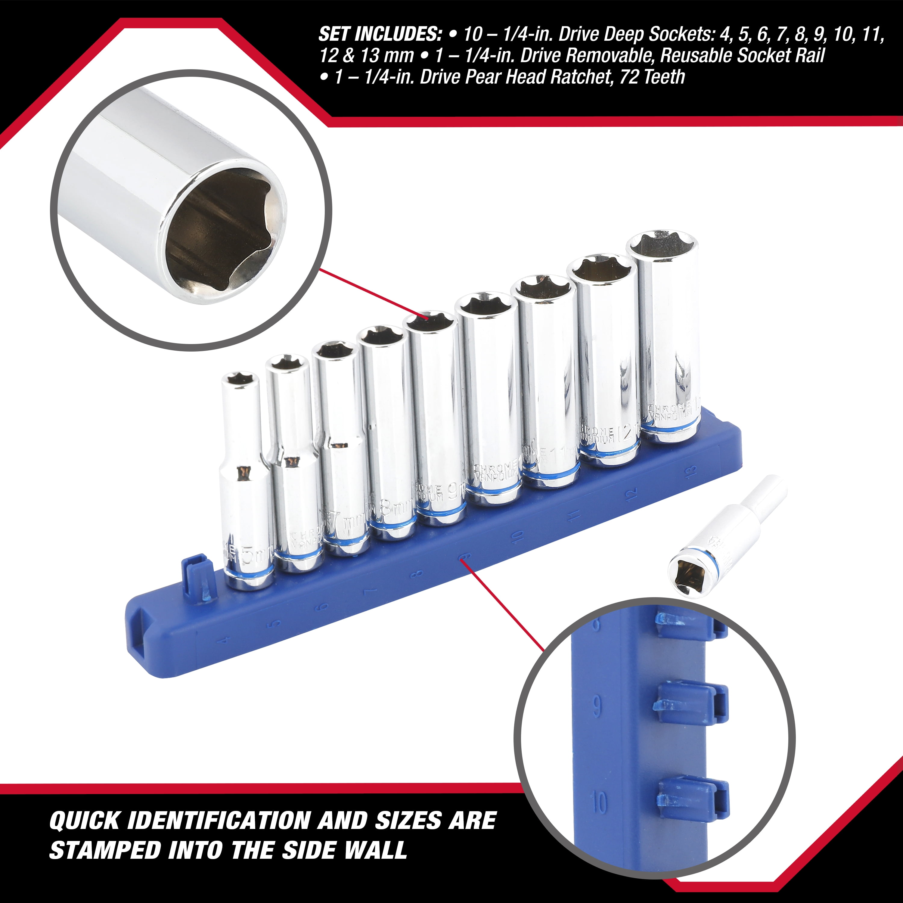 Hyper Tough 12-Piece 1/4-inch Drive Ratchet and Deep Socket Set, mm, Model 30131, New